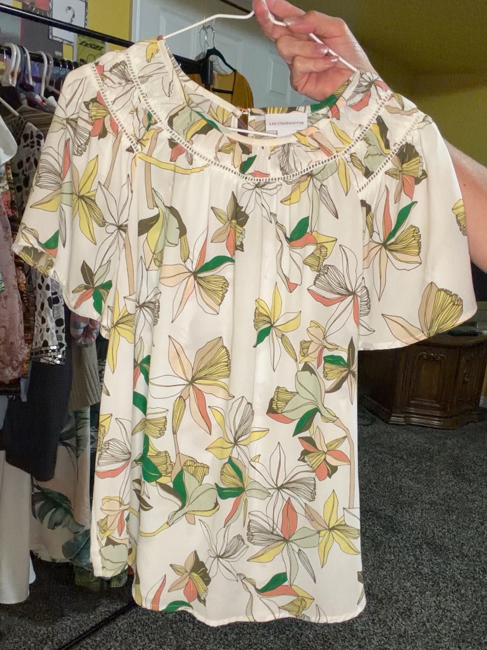 Liz Claiborne Cream Floral Top with Green and Yellow Accents M